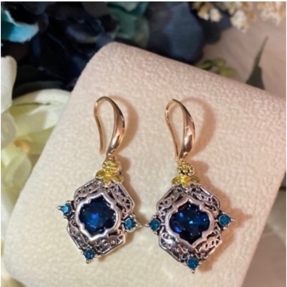 Sapphire Gemstone Dangle Drop Earrings With Antiqued Style Setting NEW! - Picture 1 of 7
